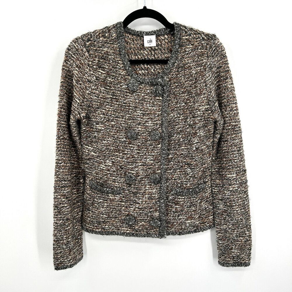 CABI Ritz Gray Brown Tweed Knit Snap Button Up Cardigan Sweater Size Small